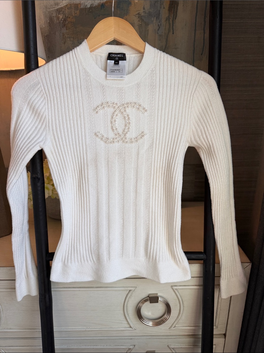 CHANEL White Ribbed Cashmere Crewneck Sweater with Embellished CC